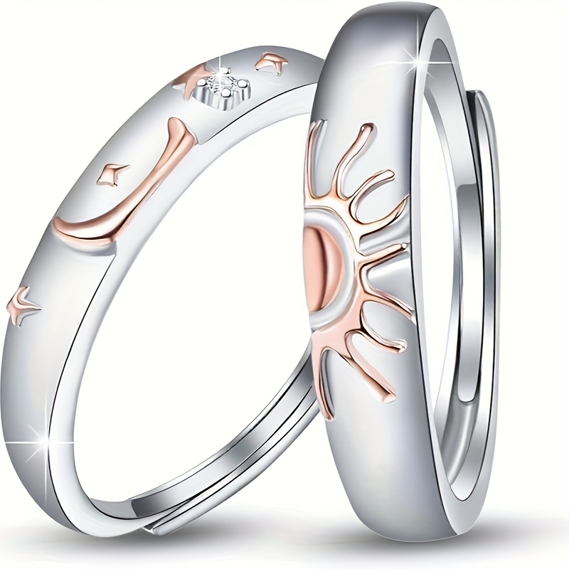Sun & Moon Couple Rings 2pcs 925 Sterling Silver Engagement Adjustable Matching